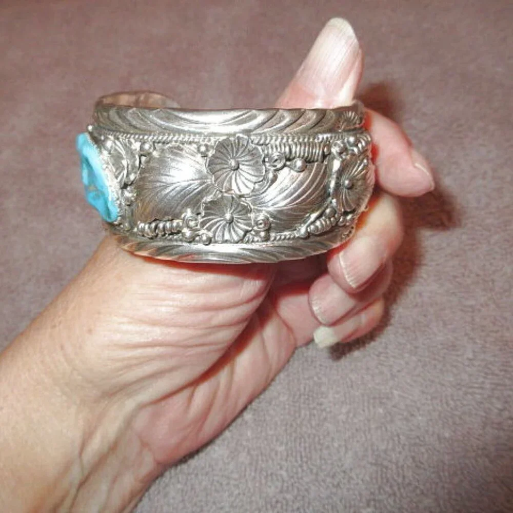 Vtg Navajo Sterling Silver Turquoise Coral Cuff Bracelet Signed Southwestern 78g